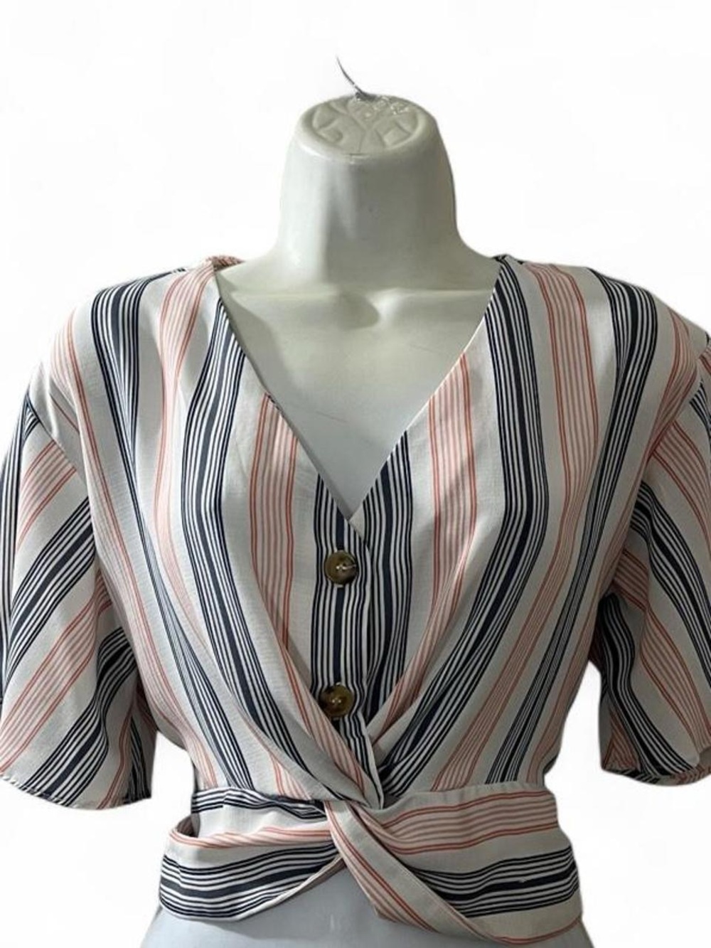 Timing Striped V-Neck Tie-Front Blouse in Navy and Blush